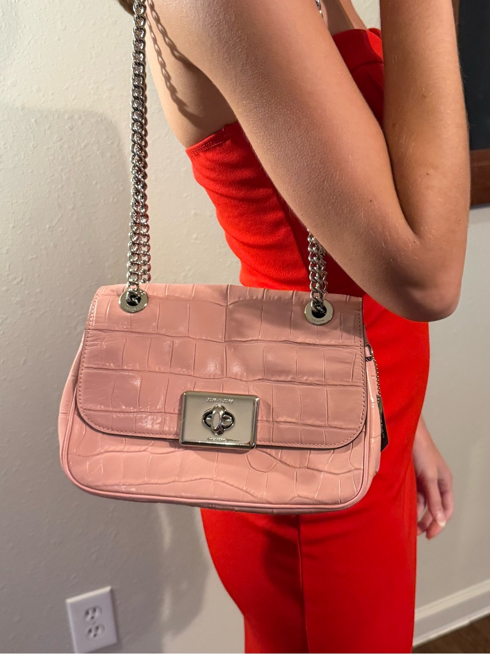 Coach Cassidy F38081 Pink Croc Embossed Leather Chain Crossbody Bag